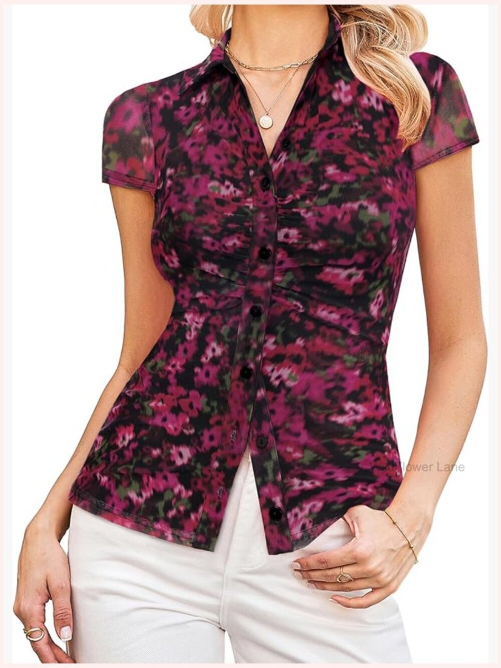 Boho Floral Short Sleeve Button Down Blouse Dressy Casual